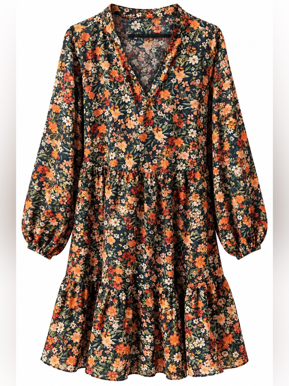 SHEIN Black Floral V-Neck Long Sleeve Tiered Dress